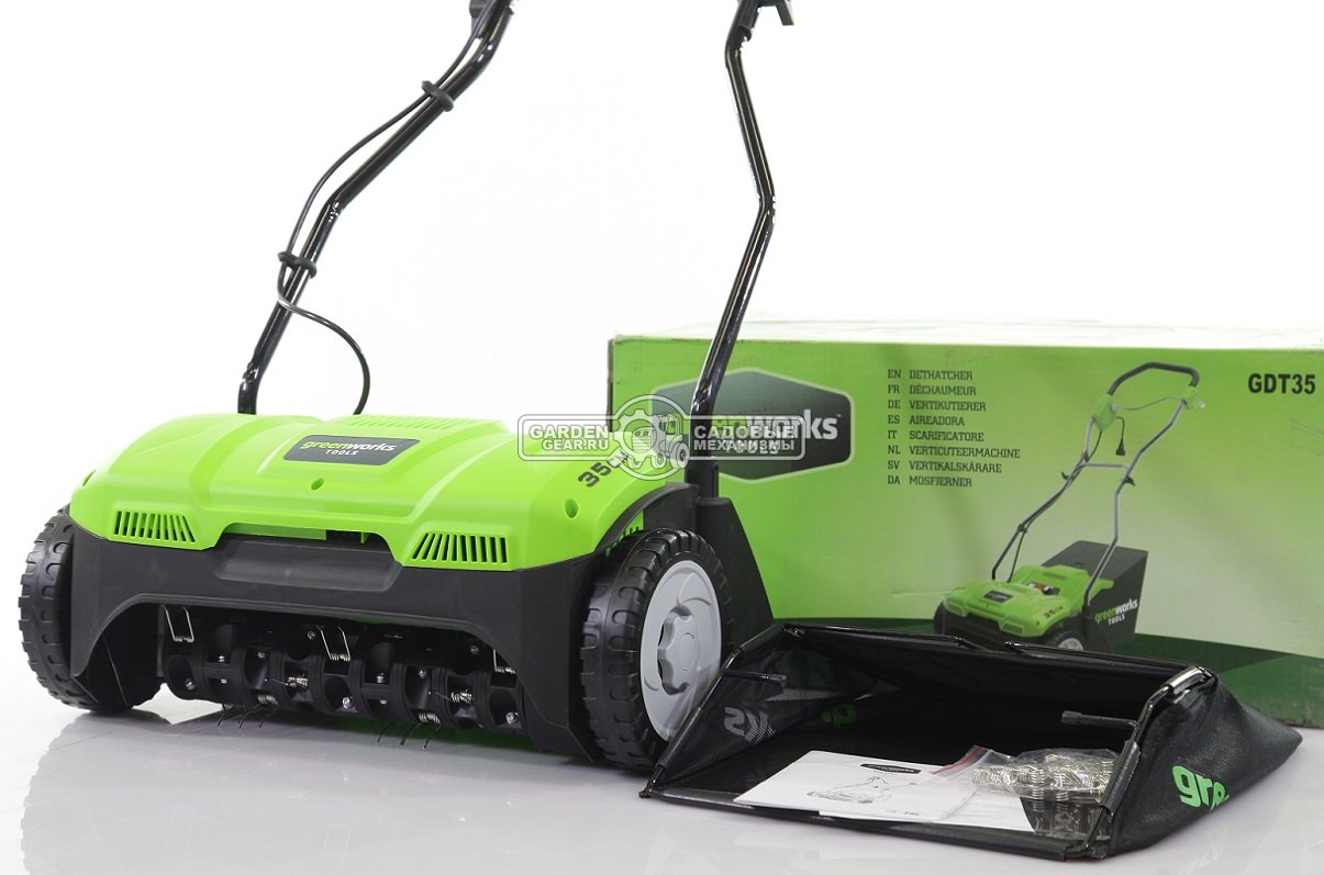 Аэратор электрический GreenWorks GDT35 (PRC, 1100 Вт., 32 см., пружины, пластик, 20 л., 12 кг)