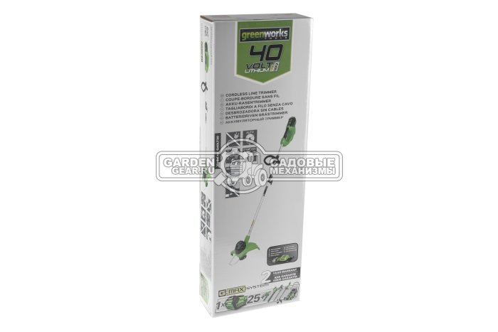 Триммер аккумуляторный GreenWorks G40LTK2 с АКБ 2 А/ч и ЗУ (PRC, 40В, леска 1.65 мм, 4.1 кг)