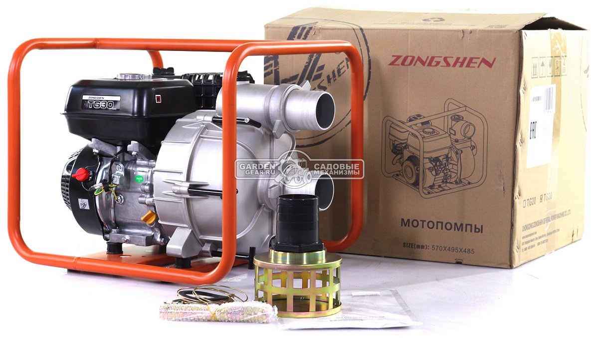 Мотопомпа бензиновая Zongshen TG 30 для грязной воды с частицами до 17 мм (PRC, Zongshen GB200, 196 куб.см., 1000 л/мин., 25 м., 3&quot;, 38 кг.)