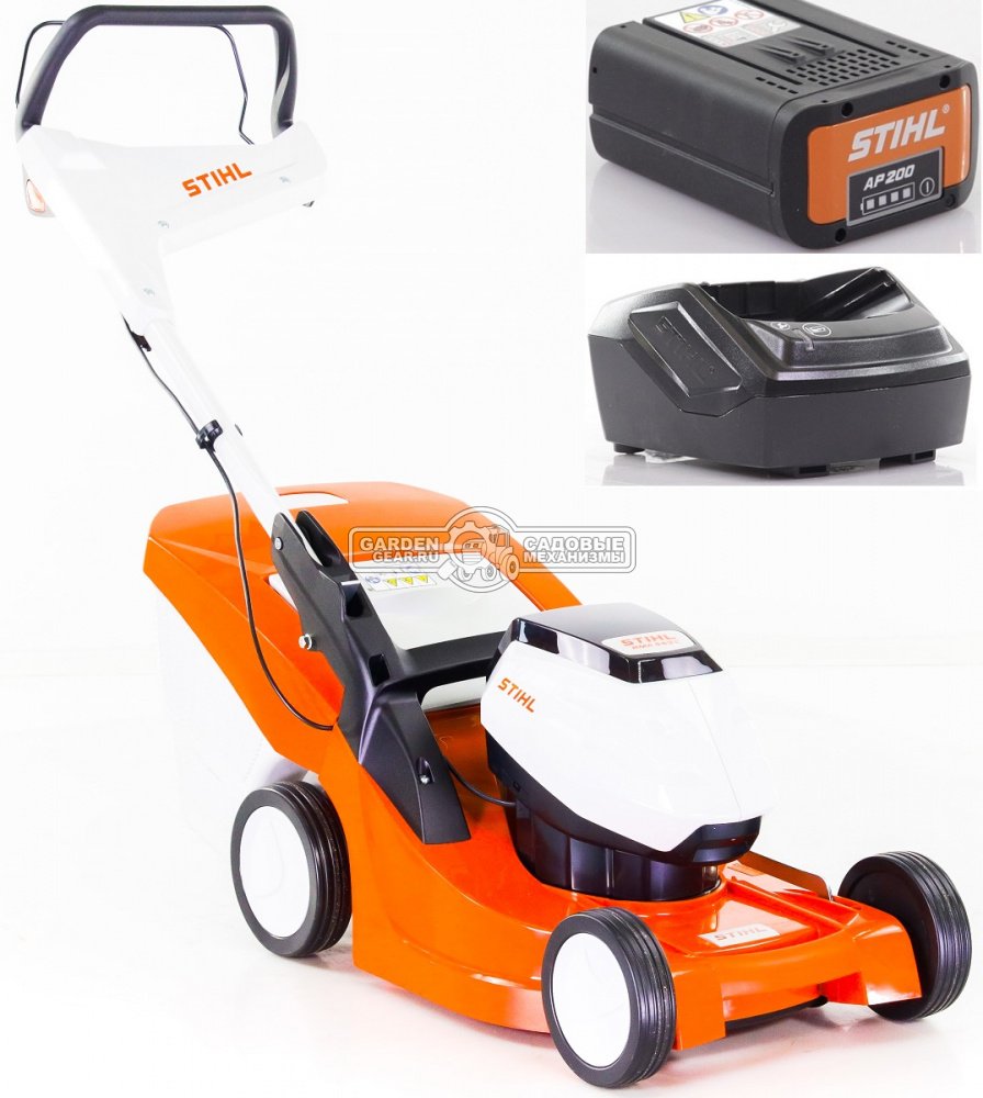 Газонокосилка аккумуляторная Stihl RMA 443.2 C SET с АКБ AP 200 и ЗУ AL 101 (AUT, 36В Pro, 41 см., несамоходная, трав. 55 л, монорукоятка, 22,5 кг.)