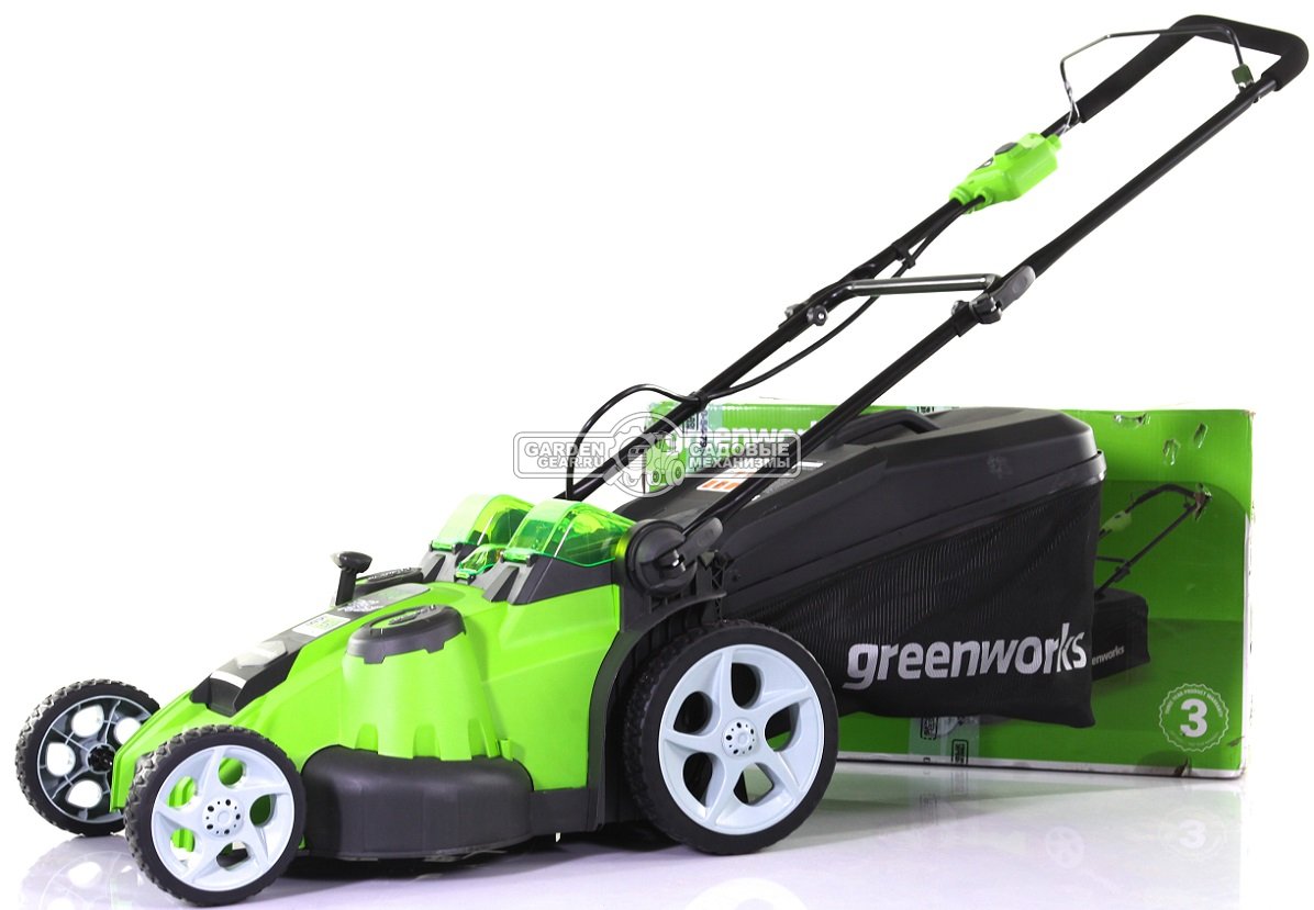 Газонокосилка аккумуляторная GreenWorks G40LM49DBK4 Twin Force с АКБ 4 А/ч и ЗУ (PRC, 40В, 49 см, 2 слота для АКБ, пластик, мульчир., 60 л, 19.3 кг)