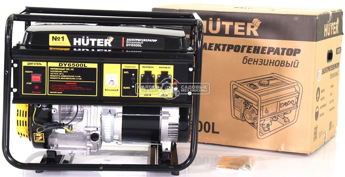 Бензиновый генератор Huter DY6500L (PRC, Huter 389 см3, 230 В, 5 кВт, 22 л, 70.1 кг)