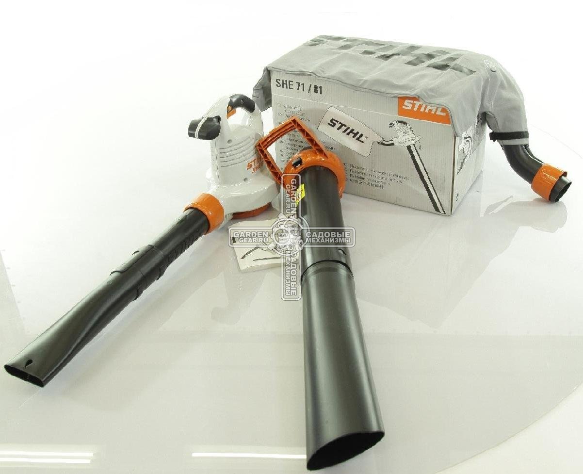 Садовый пылесос воздуходувка электрическая Stihl SHE 81 (AUT, 1400 Вт, макс. расход воздуха 750 м3/ч, скорость 76 м/с., мешок, 4,4 кг.)