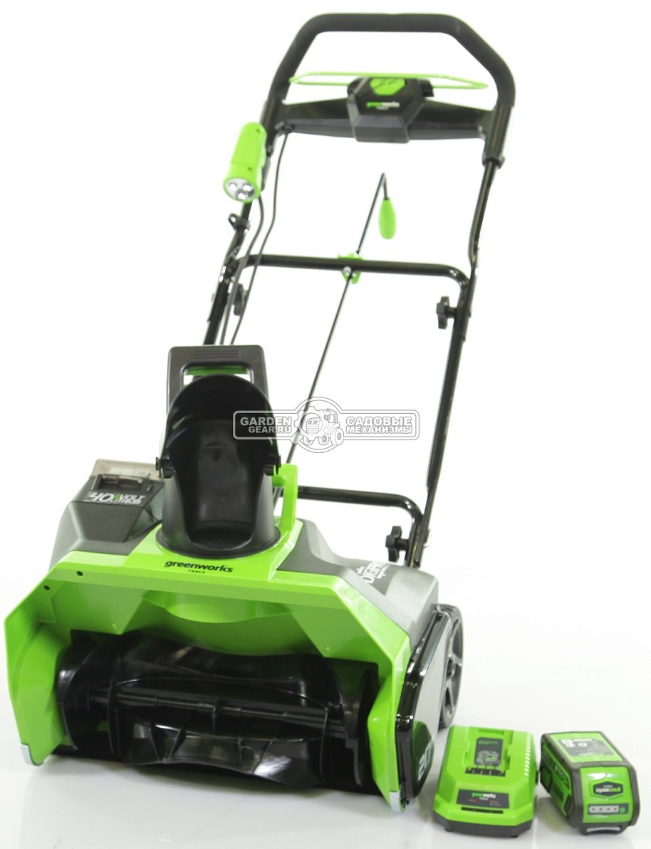 Снегоуборщик аккумуляторный GreenWorks GD40SB с АКБ 4 А/ч и ЗУ (PRC, BL 40В, ширина 51 см, фара, 15 кг)