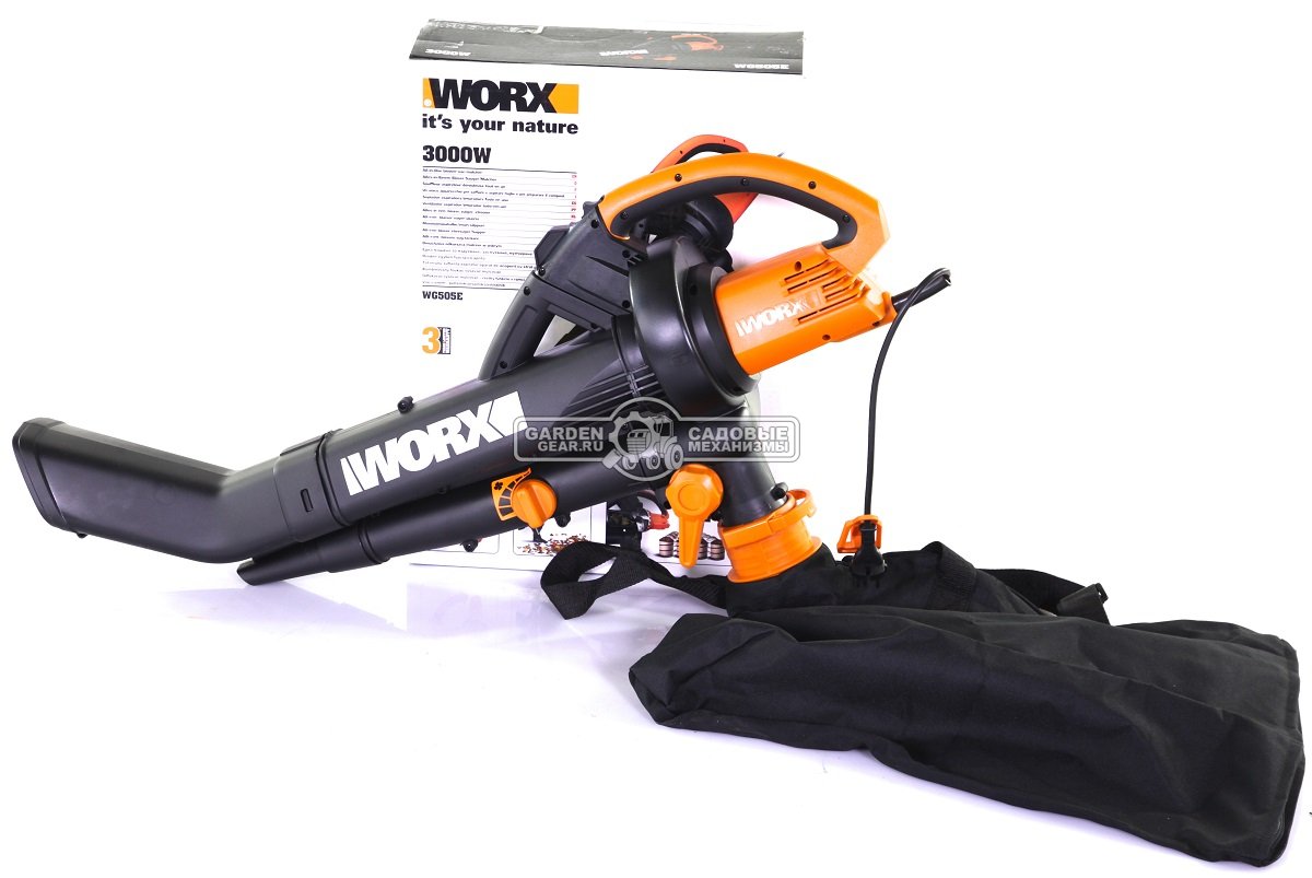 Садовый пылесос/воздуходувка электрическая Worx WG505E (PRC, 3000 Вт, 45 л, 128-335 км/ч, 10 м3/мин, 4.1 кг)