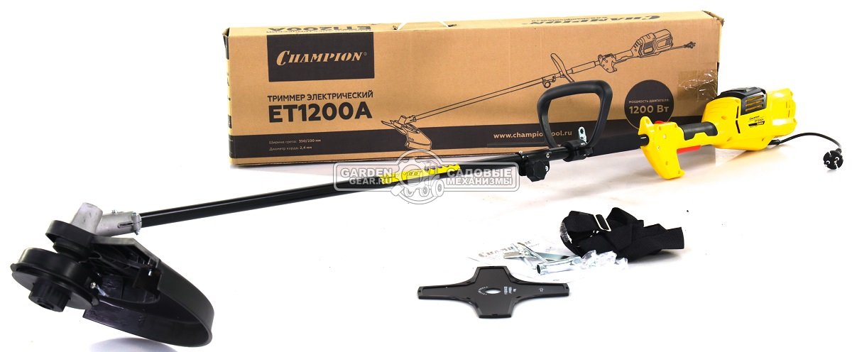 Электрокоса Champion ET1200A (PRC, 1200 Вт., леска 2,4 мм. + нож 4T, разбор. штанга, ремень, 4,0 кг.)