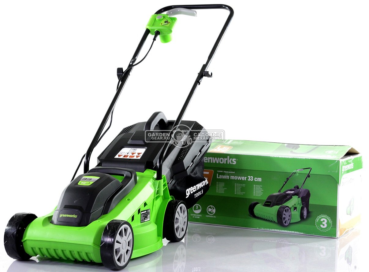 Газонокосилка электрическая GreenWorks GLM1232 (PRC, 32 см, 1200 Вт, плаcтик, 25 л, 7 кг)