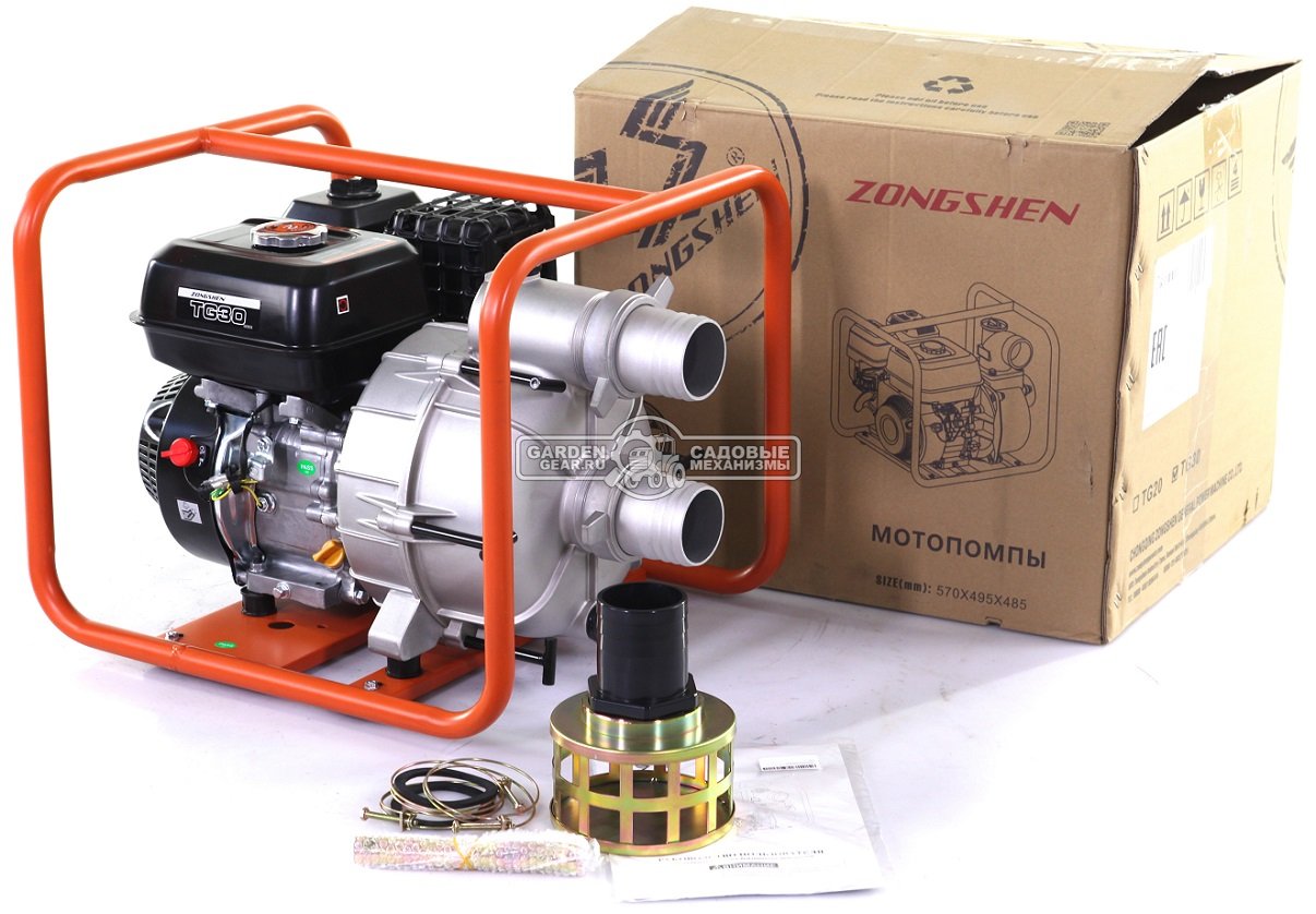 Мотопомпа бензиновая Zongshen TG 30 для грязной воды с частицами до 17 мм (PRC, Zongshen GB200, 196 куб.см., 1000 л/мин., 25 м., 3&quot;, 38 кг.)