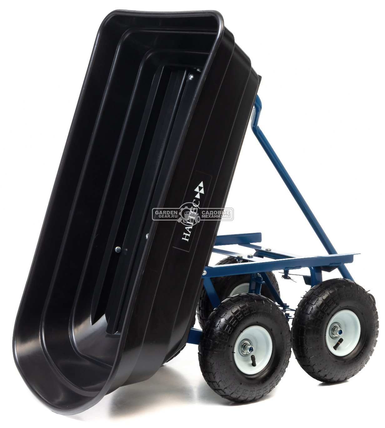 Тележка садовая Haitec HT-KW100 с механизмом опрокидывания (4 колеса, пластик. кузов 85x18x46,5 см., грузоподъемность 200 кг, объем 100 л, 13,9 кг.)
