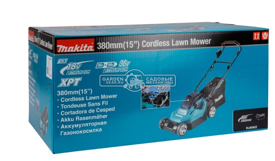 Газонокосилка аккумуляторная Makita DLM382CM2 с 2 АКБ 4.0 А/ч и ЗУ DC18SH (PRC, LXT 2х18В, 38 см, пластик, 40 л, 17 кг)