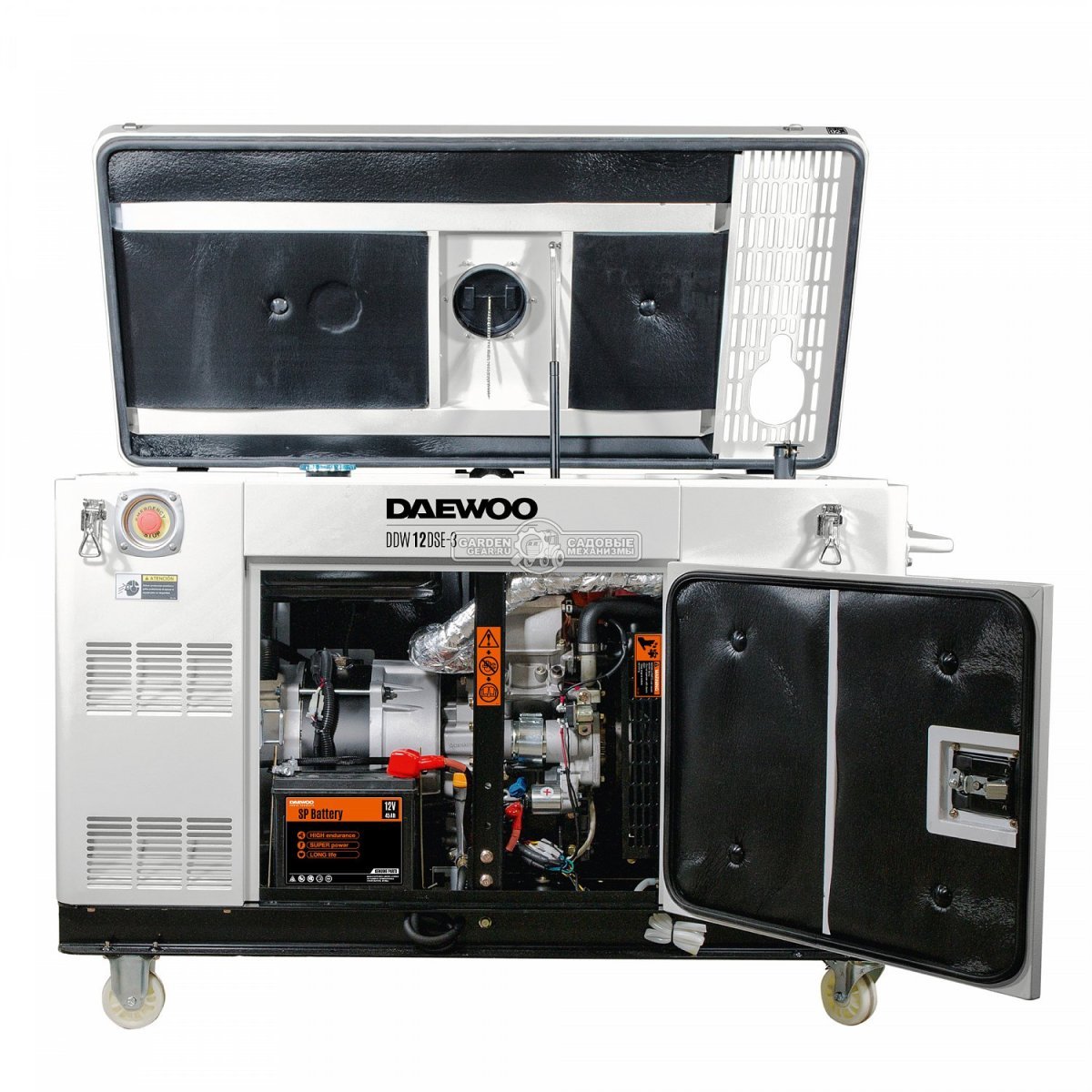 Дизельный генератор Daewoo DDW 12 DSE-3 3-х фазный, жидкостное охл., в шумозащитном кожухе (PRC, 794 см3, 16л.с, 9/10 кВт, колёса, ATS, 30 л, 318 кг)