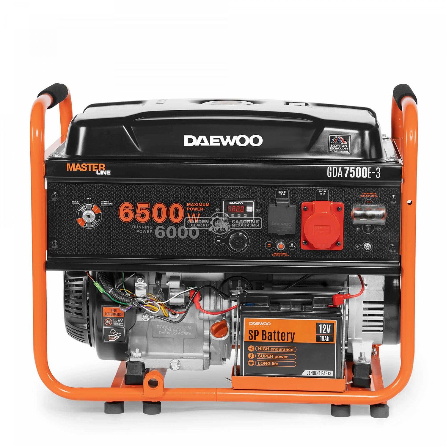 Бензиновый генератор Daewoo GDA 7500E-3 трехфазный (PRC, 420 см3, 6,0/6,5 кВт, электростартер, разъем ATS, 30 л, 81,7 кг.)