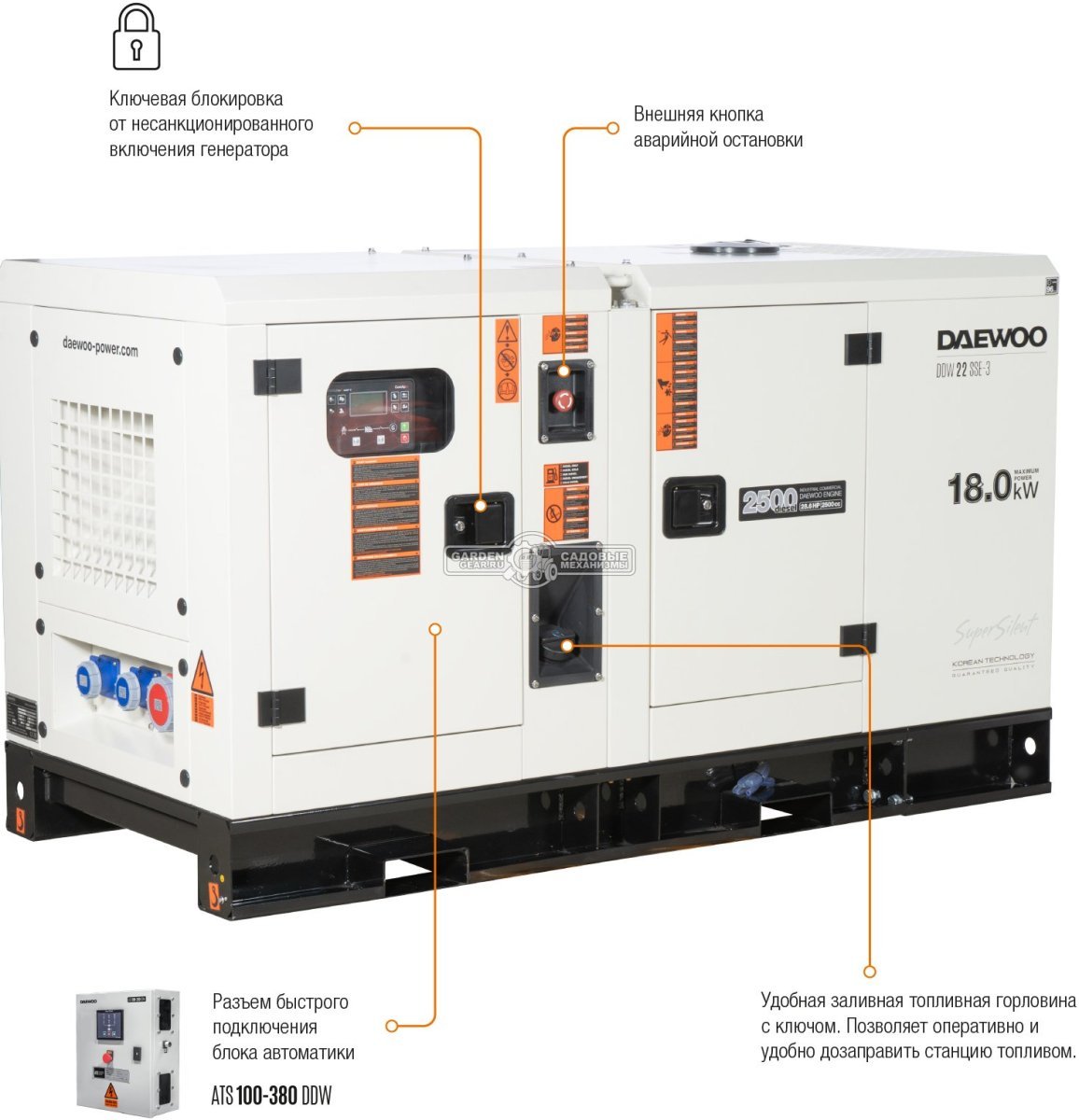 Дизельный генератор Daewoo DDW 22 SSE-3 3-х фазный, жидкостное охл., в шумозащитном кожухе (PRC,2500 см3, 28л.с, 16/18 кВт, колёса, ATS, 78 л, 786 кг)