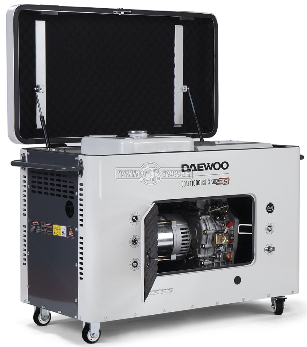 Дизельный генератор Daewoo DDAE 11000DSE-3 двухрежимный в шумозащитном кожухе (PRC, 668 см3, 18 л.с, 8,2/9,0 кВт, колеса, ATS - опция, 25 л,180,4 кг.)