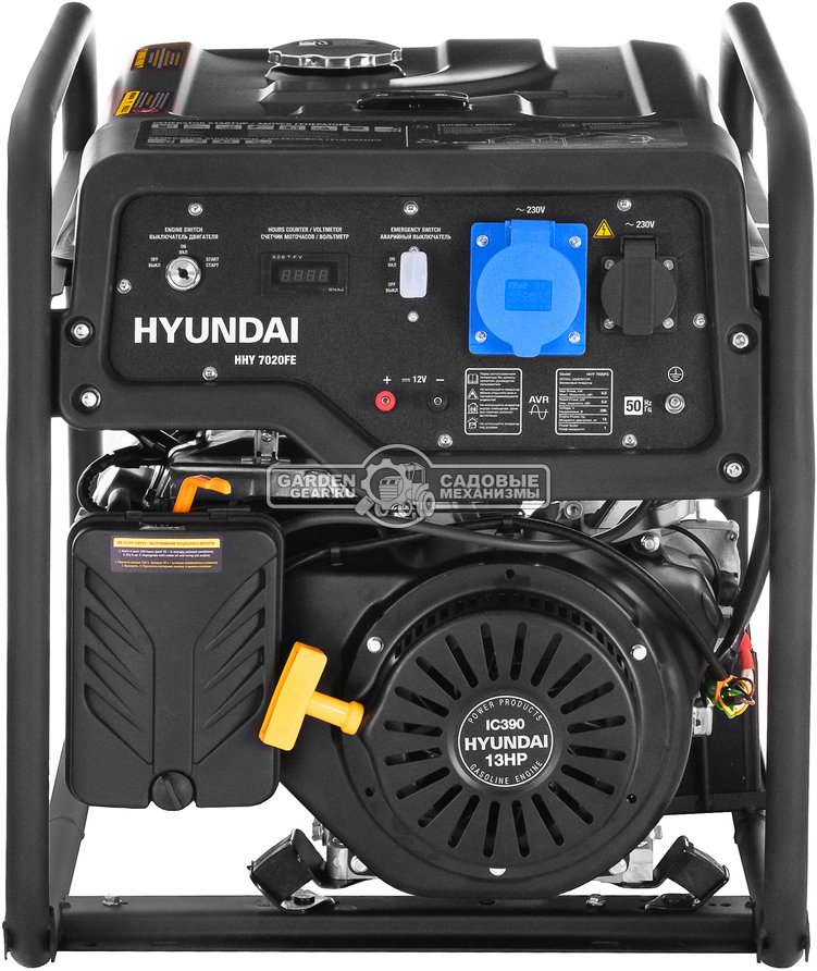 Бензиновый генератор Hyundai HHY 7020FE (PRC, Hyundai, 389 см3, 5,0/5,5 кВт, 25 л, ручной/электро стартер, 81,5 кг)