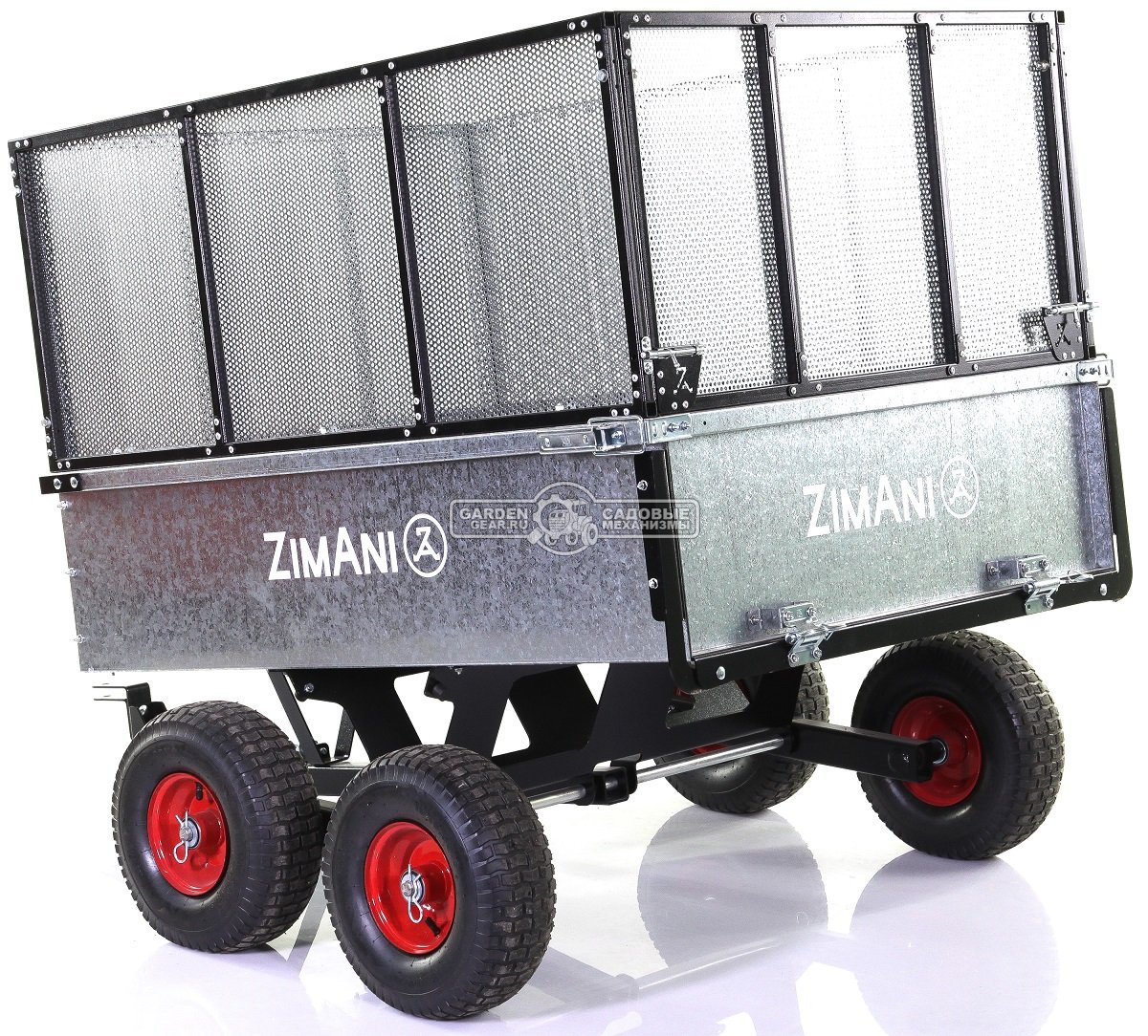 Тележка - прицеп ZimAni Stainless steel 500S 4WD с бортами для садовых тракторов, с механизмом опрокидывания (4 колеса, оцинкованной сталь, 500 кг)