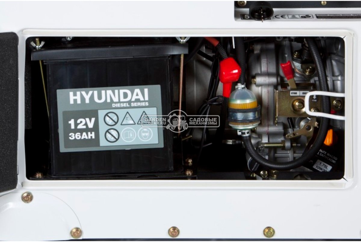 Дизельный генератор Hyundai DHY 8500SE-T двухрежимный в защитном кожухе (PRC, Hyundai, 498 см3, 6,5/7.2 кВт, 15 л, эл/стартер, комплект колёс 169 кг)