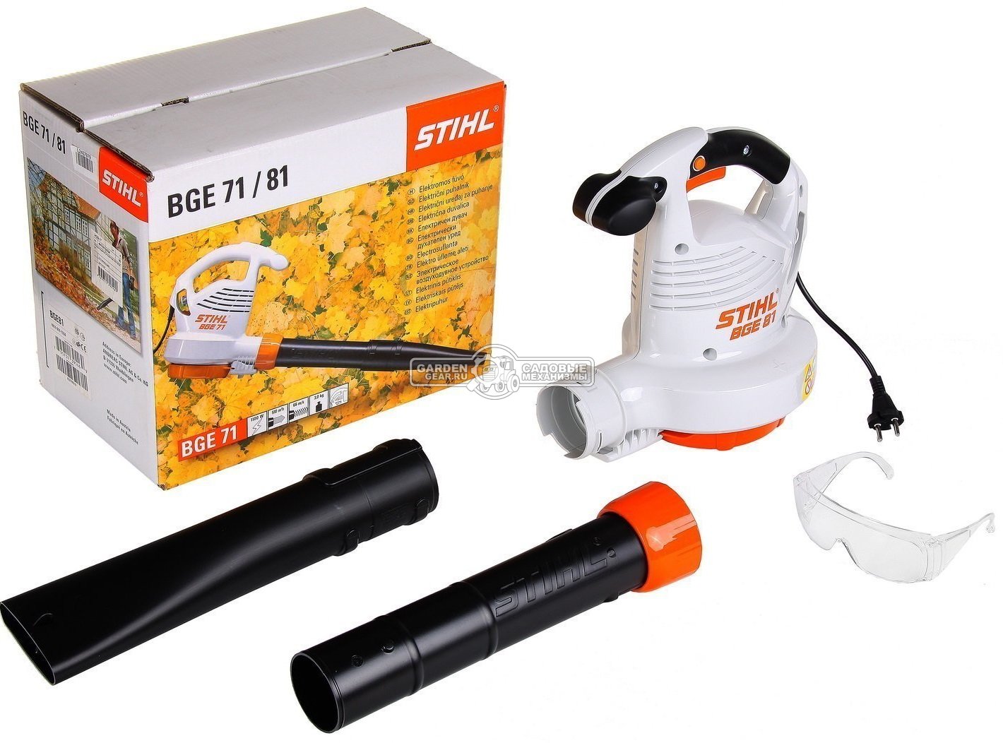 Воздуходувка электрическая Stihl BGE 81 (AUT, 1400 Вт, макс. расход воздуха 750 м3/ч, скорость 76 м/с., мягкая рукоятка, очки, 3,3 кг.)