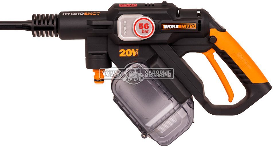 Аккумуляторная мойка высокого давления Worx WG633E с АКБ 4 А/ч и ЗУ (PRC, BL 20В, 25/38 бар, 220 л/час, шланг 6 м, 1.54 кг)