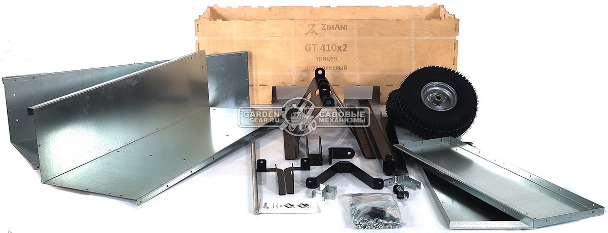 Тележка - прицеп ZimAni GT410x2 Stainless steel 500 для садовых тракторов, с механизмом опрокидывания (оцинкованной сталь, 500 кг)