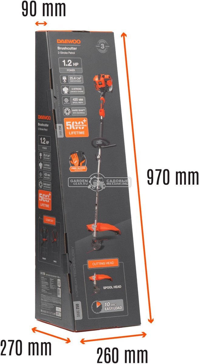 Бензокоса Daewoo DABC 250 Industrial (PRC, 25.4 куб.см., 0.9 кВт/1.2 л.с., леска 3.0 мм, D-рукоятка, Easy Start, разборная штанга, 7.6 кг)