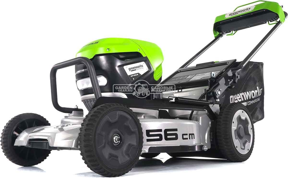 Газонокосилка аккумуляторная самоходная GreenWorks LM221S без АКБ и ЗУ (PRC, BL 82В, 56 см, 4.0 кВт, алюминий, 2 слота для АКБ, мульч., 65 л, 53 кг)