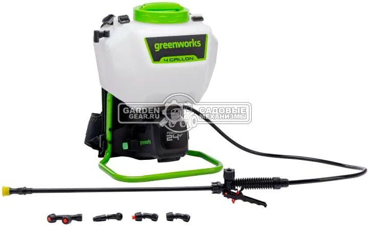 Опрыскиватель аккумуляторный GreenWorks G24BPSII с АКБ 2 А/ч и ЗУ (PRC, 24В, ранцевый, 5 бар, 15 л, 1.9 л/мин, 4.8 кг)