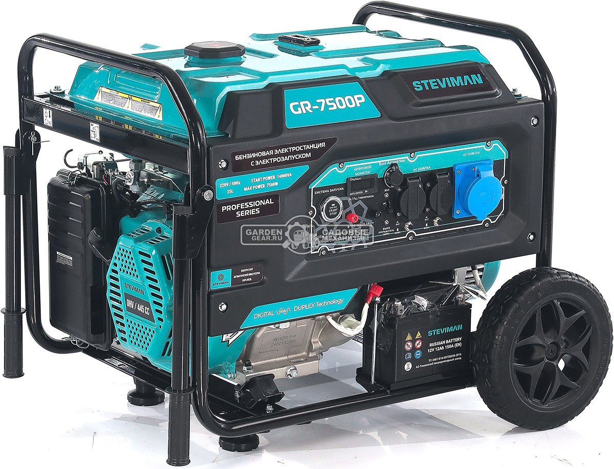 Бензиновый генератор Steviman GR-7500Р (RUS, 445 см3, 7.0/7.5 кВт, 25 л, электростарт + разъем АВР, колеса, 91 кг)
