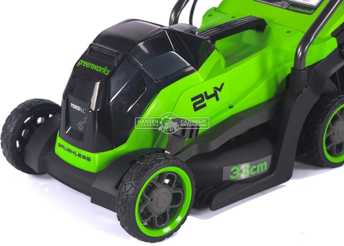 Газонокосилка аккумуляторная GreenWorks GD24LM331 с АКБ 4 А/ч и ЗУ (PRC, BL 24В, 33 см, пластик, мульчирование, травосборник 30 л, 9.9 кг)