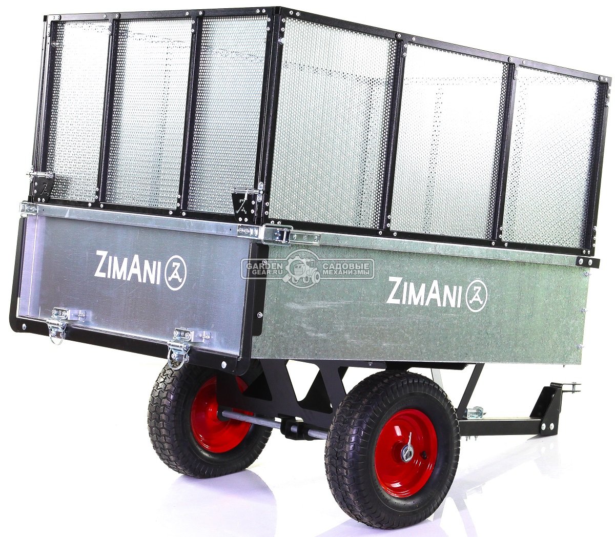Тележка - прицеп ZimAni Stainless steel 500S с бортами для садовых тракторов, с механизмом опрокидывания (оцинкованной сталь, 500 кг)