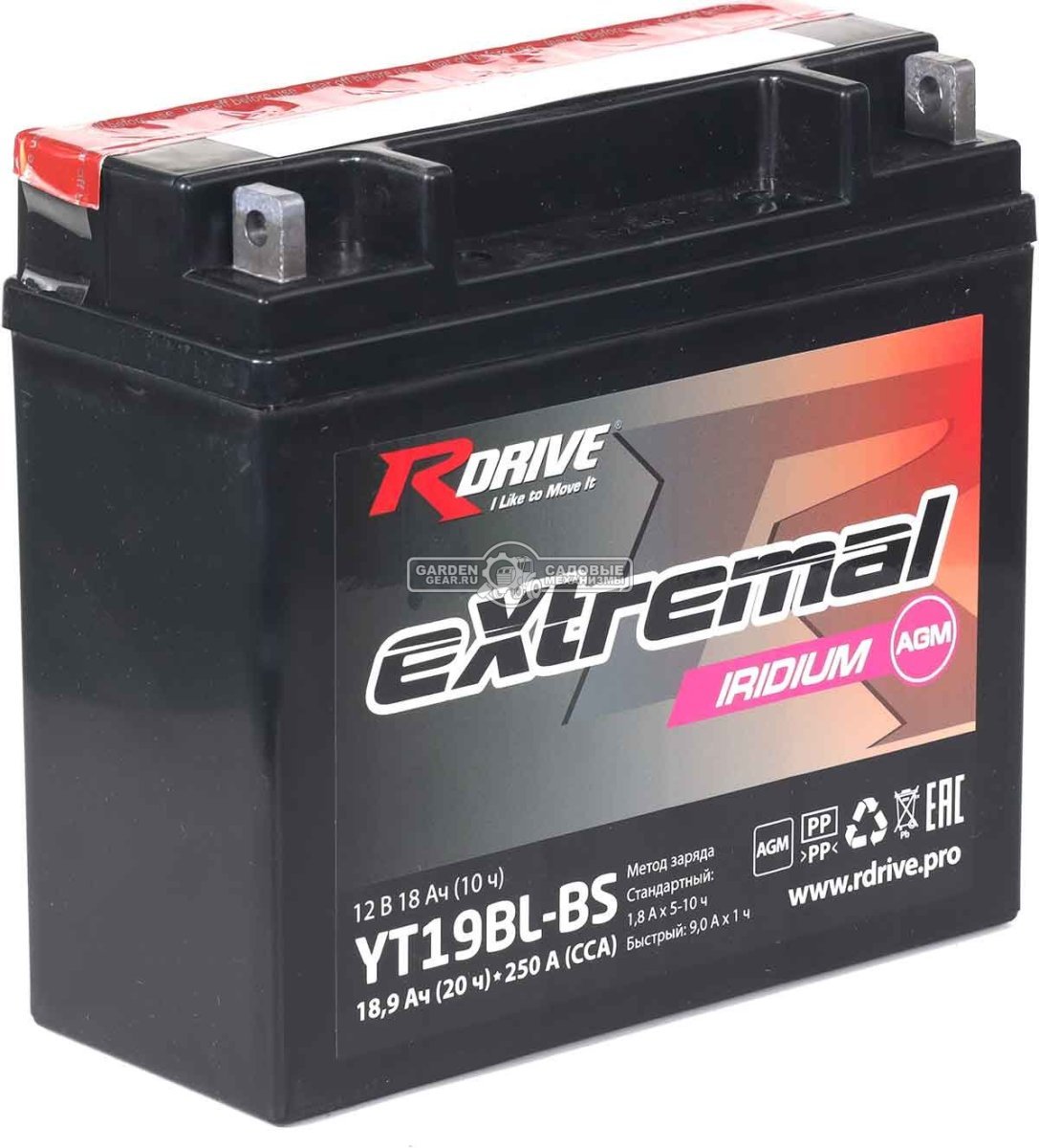 Аккумулятор RDrive Extremal Iridium YT19BL-BS 18,9 Ач, 250 А, обратная полярность, AGM, сухозаряженный (182x77x168 мм)