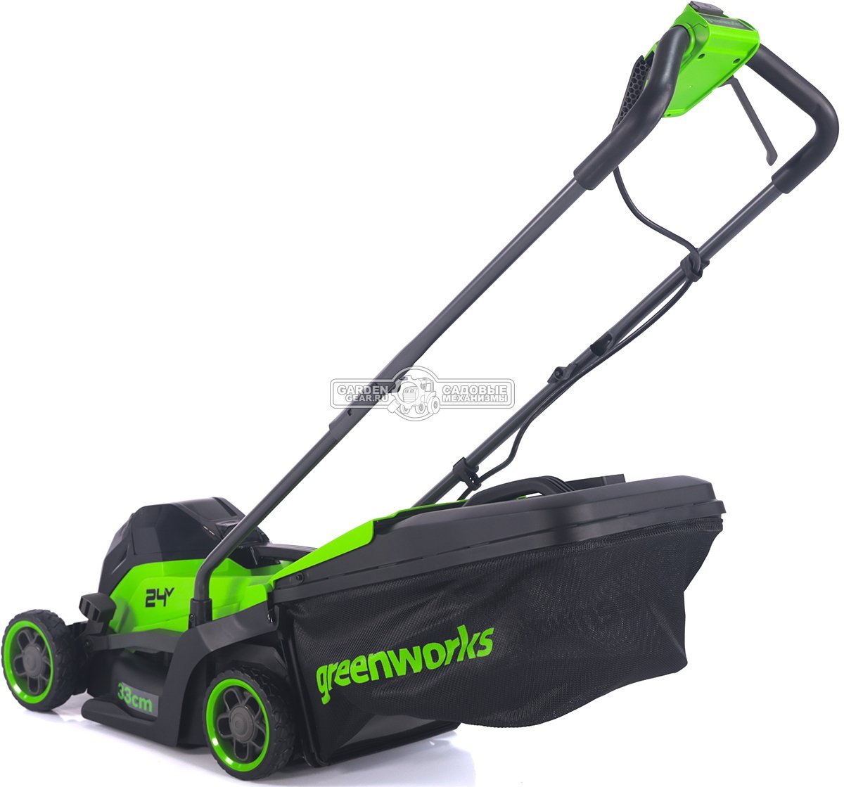Газонокосилка аккумуляторная GreenWorks GD24LM331 с АКБ 4 А/ч и ЗУ (PRC, BL 24В, 33 см, пластик, мульчирование, травосборник 30 л, 9.9 кг)