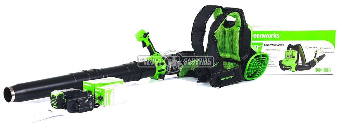 Воздуходувка аккумуляторная ранцевая GreenWorks АGD40BPG2 с АКБ 4 А/ч и ЗУ (PRC, BL 40В, 281 км/ч, 20 м3\мин, Turbo режим)