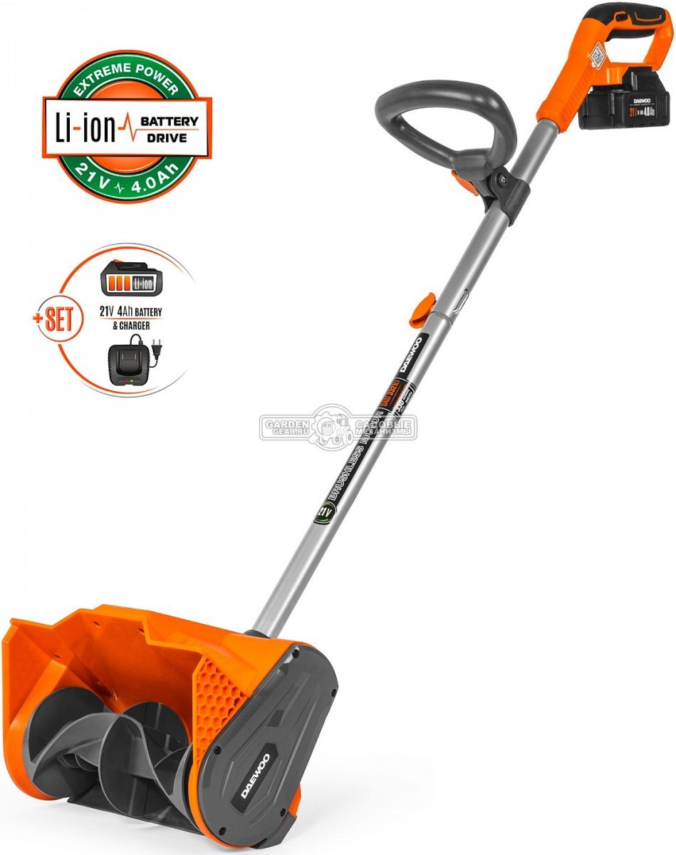 Снегоуборщик аккумуляторный / лопата Daewoo DAST 3321Li SET с АКБ 4 А/ч и ЗУ (PRC, Li-ion, 21В, 33 см, 5 кг)