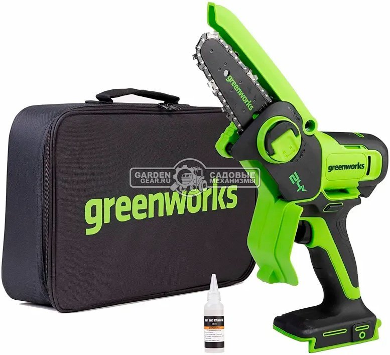 Аккумуляторный цепной сучкорез - минипила GreenWorks GD24CSMNX с АКБ 4 А/ч и ЗУ (PRC, BL 24В, шина 6"/15 см, 0.3"-1.1-32E, 1.1 кг)