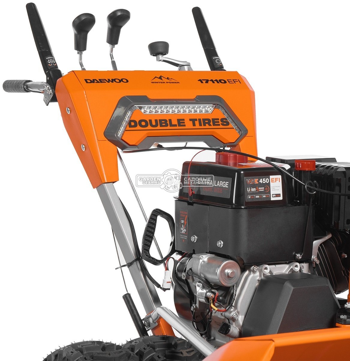 Снегоуборщик Daewoo DAST 17110 (EFI) (PRC, 108 см., Daewoo WXE 450 EFI, 450 куб.см., запуск от аккумулятора, фара, скорости 5/2, 4 колеса, 153 кг.)