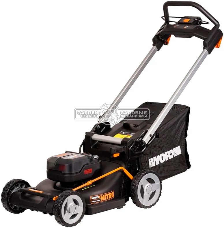 Газонокосилка аккумуляторная Worx WG748E с 2 АКБ 4 А/ч и ЗУ (PRC, BL 2х20В, 46 см, сталь, мульчирование, 55 л, 27.5 кг)