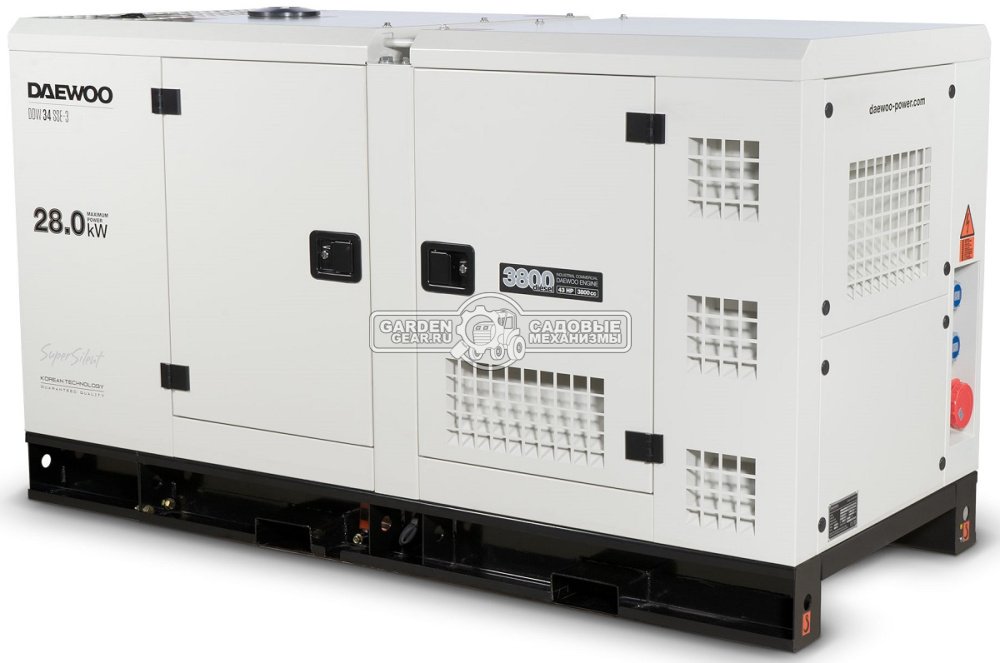 Дизельный генератор Daewoo DDW 34 SSE-3 3-х фазный, жидкостное охл., в шумозащитном кожухе (PRC,2500 см3, 44л.с, 25/28 кВт, колёса, ATS, 93 л, 1000кг)