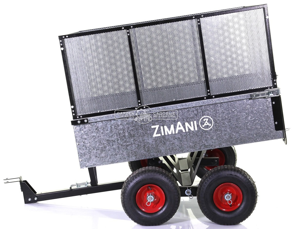 Тележка - прицеп ZimAni Stainless steel 500S 4WD с бортами для садовых тракторов, с механизмом опрокидывания (4 колеса, оцинкованной сталь, 500 кг)