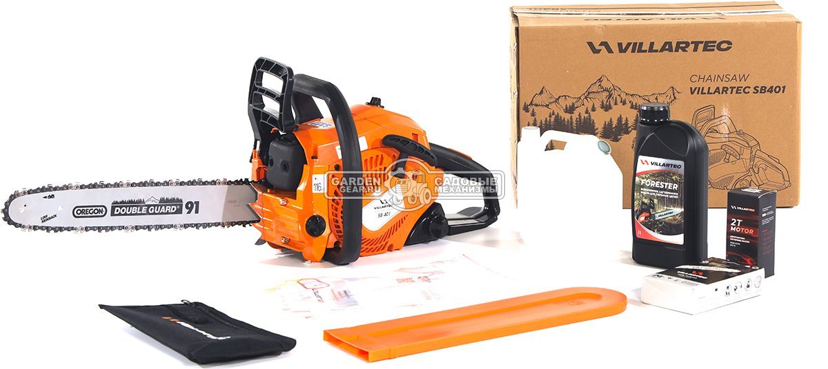 Бензопила Villartec SB401 16" + 2Т 100 мл, масло д/цепи 1 л, запасная цепь (PRC, 40.2 куб.см., 1,8 кВт/ 2.4 л.с., 3/8"-1.3-56E, 4.8 кг)