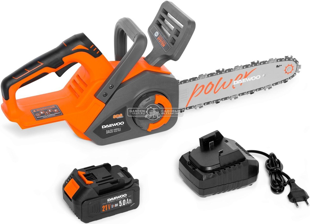 Пила аккумуляторная цепная Daewoo DACS 1221Li 12" SET с АКБ 5 А/ч и ЗУ (PRC, BL 21В, натяжение цепи без инструмента, 3/8"-1.1-45E, 3.8 кг)
