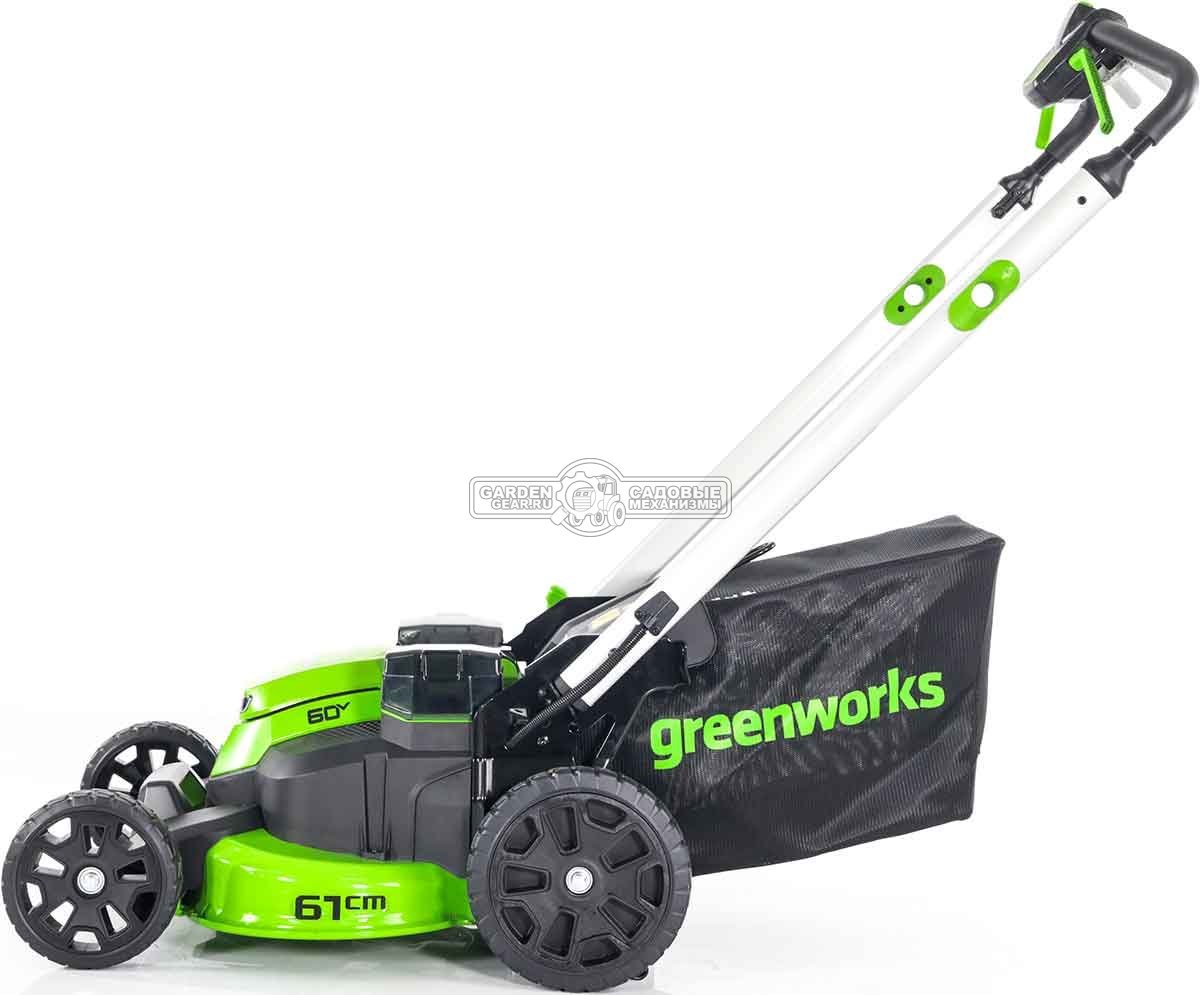 Газонокосилка аккумуляторная самоходная GreenWorks GD60LM61 без АКБ и ЗУ (PRC, BL 60В, 61 см, 2 слота для АКБ, сталь, мульчирование, 65 л, 32 кг)