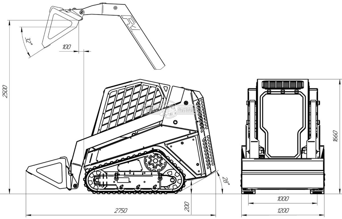 Мини-погрузчик гусеничный RED RBS-09 с закрытой кабиной Zongshen GB750EFI 30 л.с., грузоподъемность до 1000 кг., ковш 200 л., 1600 кг.