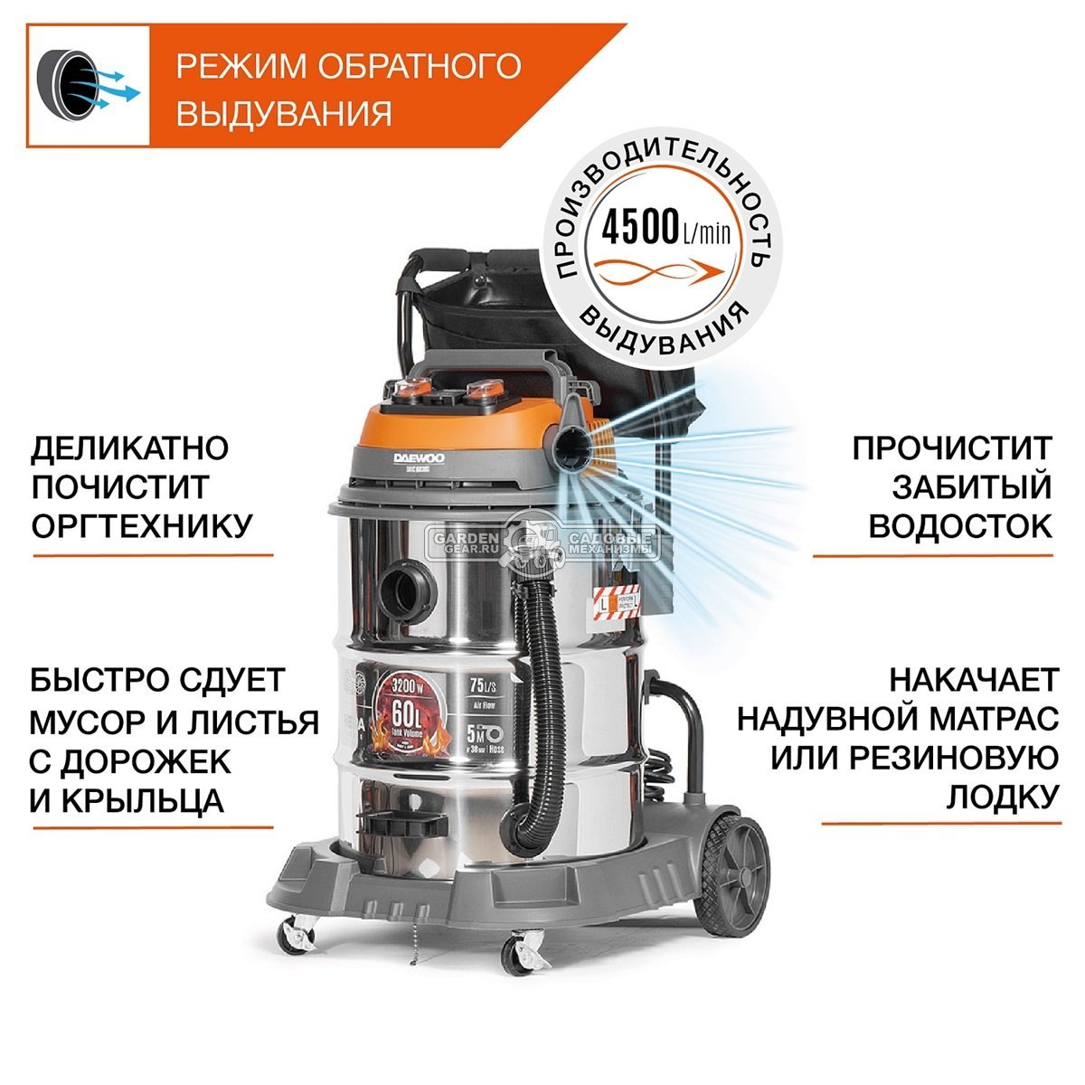 Пылесос Daewoo DAVC 6030S для сухой и влажной уборки (PRC, 3,2 кВт, 4500 л/мин, 300 мбар, контейнер 60 л., шланг 5 м., 20,5 кг.)