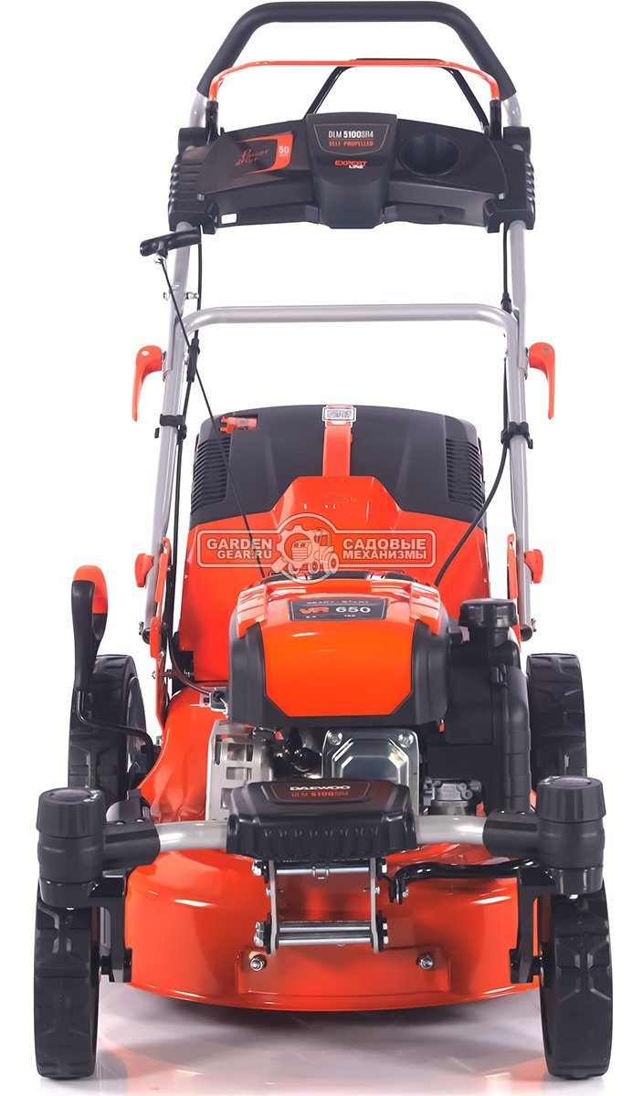 Газонокосилка бензиновая Daewoo DLM 5100SR4 с рояльными колесами (PRC, 50 см, Daewoo 165 см3, 70 л, TURBO X BLADE, сталь, 4 в 1, 32 кг)