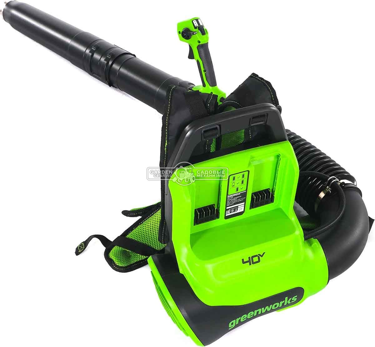Воздуходувка аккумуляторная ранцевая GreenWorks АGD40BPG2 без АКБ и ЗУ (PRC, BL 40В, 281 км/ч, 20 м3\мин, Turbo режим)