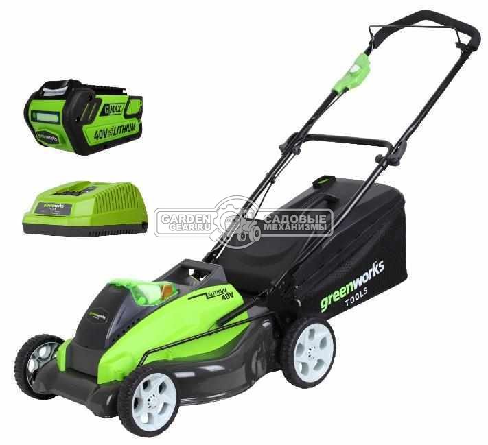 Газонокосилка аккумуляторная GreenWorks G40LM45 K4 (PRC, Li-ion, АКБ 4 А/ч, сталь, 45 см, 3 в1, 50 л, 23 кг)