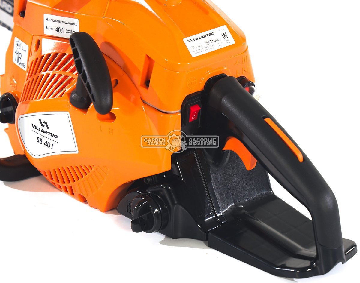 Бензопила Villartec SB401 16" + 2Т 100 мл, масло д/цепи 1 л, запасная цепь (PRC, 40.2 куб.см., 1,8 кВт/ 2.4 л.с., 3/8"-1.3-56E, 4.8 кг)