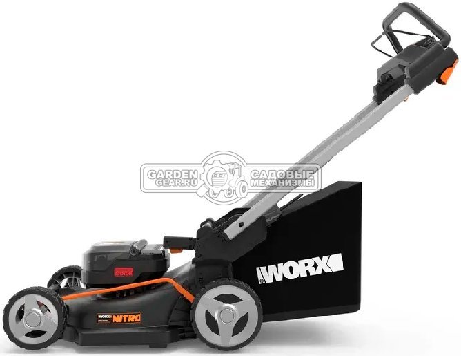 Газонокосилка аккумуляторная Worx WG748E с 2 АКБ 4 А/ч и ЗУ (PRC, BL 2х20В, 46 см, сталь, мульчирование, 55 л, 27.5 кг)