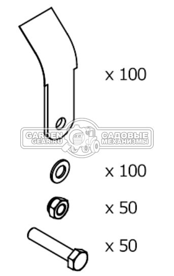 Комплект цеповых ножей с крепежом SABO SAK10750 для GLADIATOR 95F / 110F (Y-нож 100 шт, шайба 100 шт, гайка 50 шт, болт 50 шт)